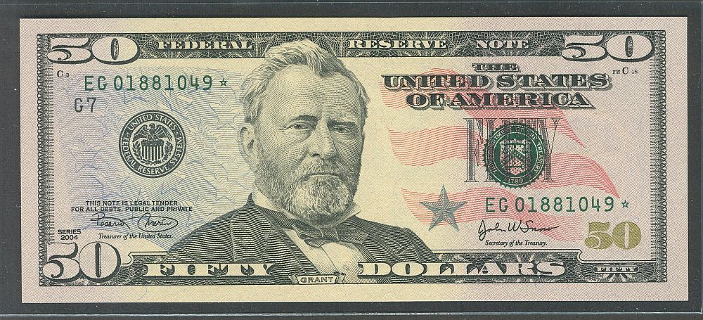 Fr.2128-G, 2004 $50 Chicago Star Federal Reserve Note, EG01881049*, GemCU